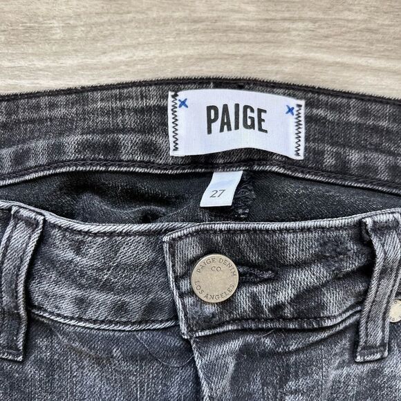 Paige Black Distress Straight Jeans Size 27 With Knee Rips - Picture 2 of 4